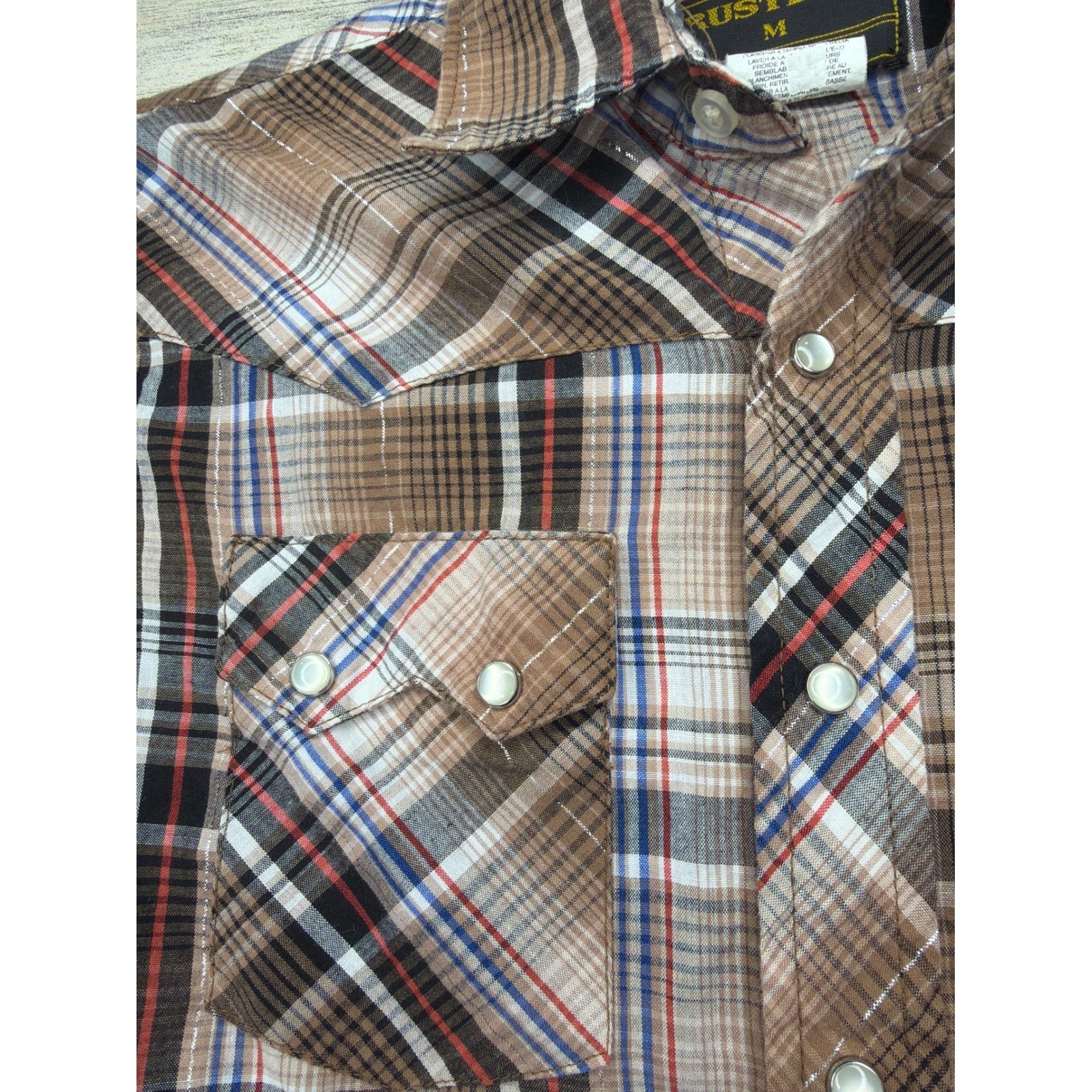 Rustler Pearl Snap Shirt Boys Medium Brown Plaid Silver Accent Westerncore EUC1