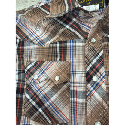 Rustler Pearl Snap Shirt Boys Medium Brown Plaid Silver Accent Westerncore EUC1