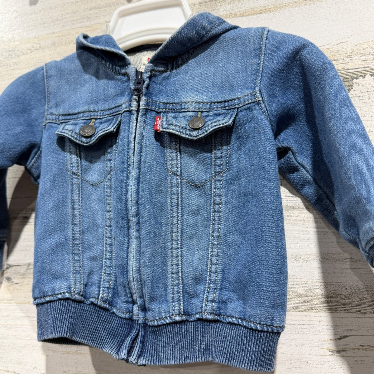 Levi's Hooded Denim Bomber Jacket Kids 12M Blue Cotton Blend Classic EUC1