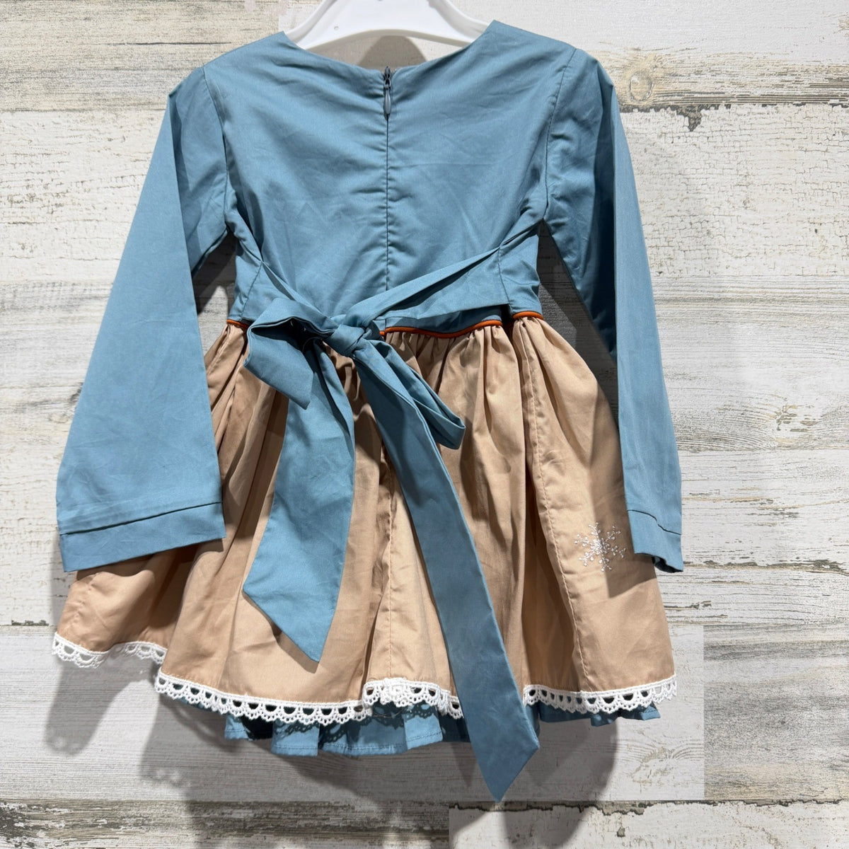 Evie's Closet Dress Girls 12m Blue Tan Embroidered Snowglobe Winter NWT *Flawed7