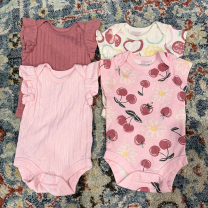 Member's Mark Bodysuit 4pk Girls NB Pink Fruit Ruffle Organic Cotton EUC0