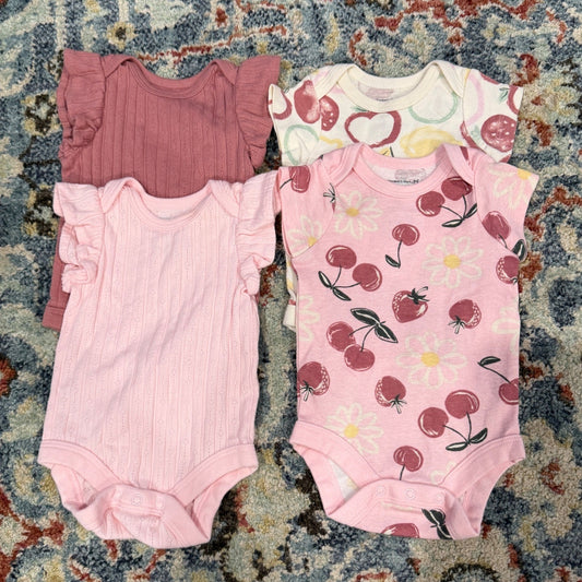 Member's Mark Bodysuit 4pk Girls NB Pink Fruit Ruffle Organic Cotton EUC0