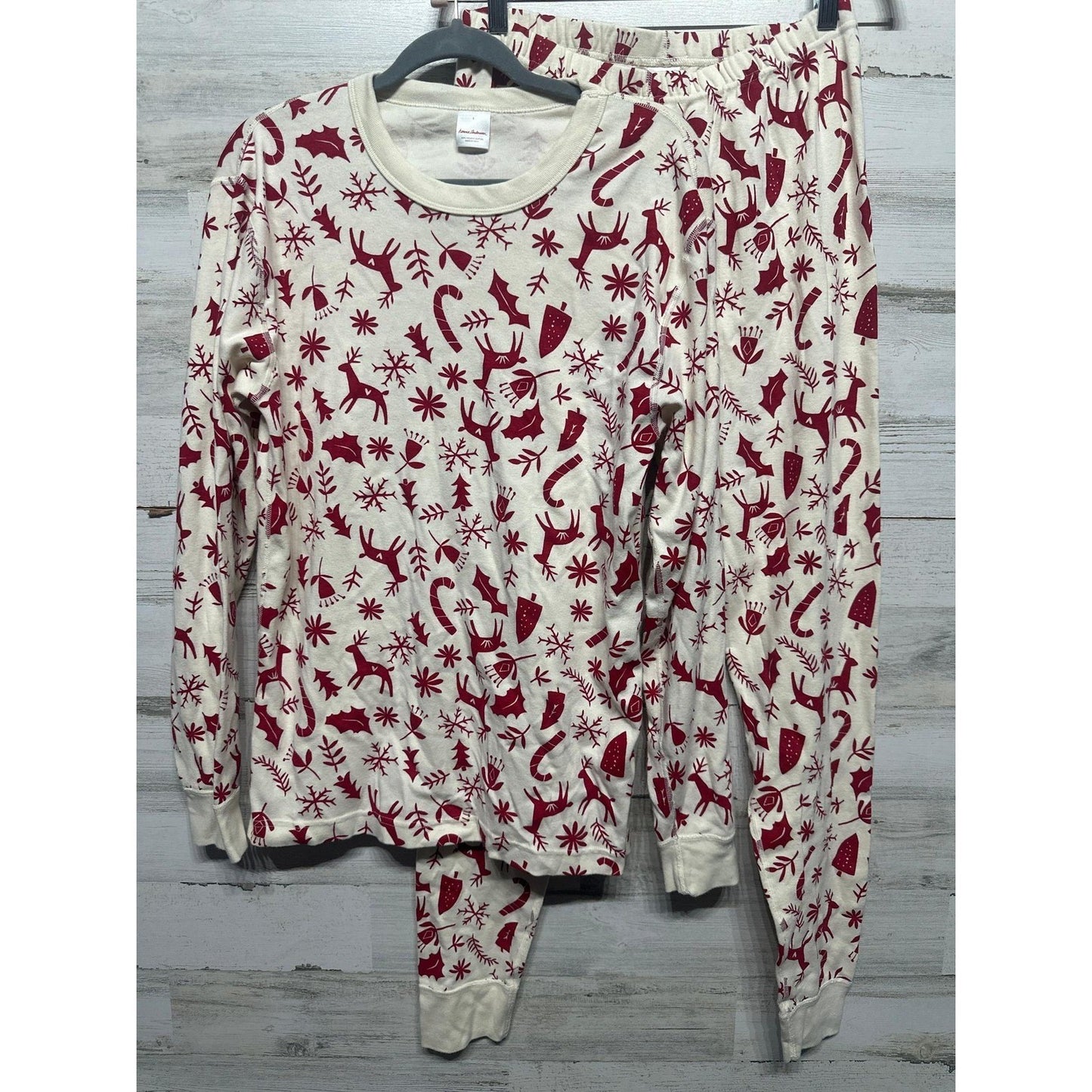 Hanna Andersson Pajama Set Womens Large White Red Holiday Reindeer Organic EUC0