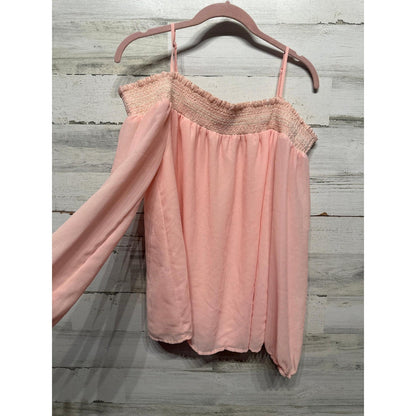 Sugar Lips Cold Shoulder Top Women Large Pink Smocked Chiffon Blouse EUC1