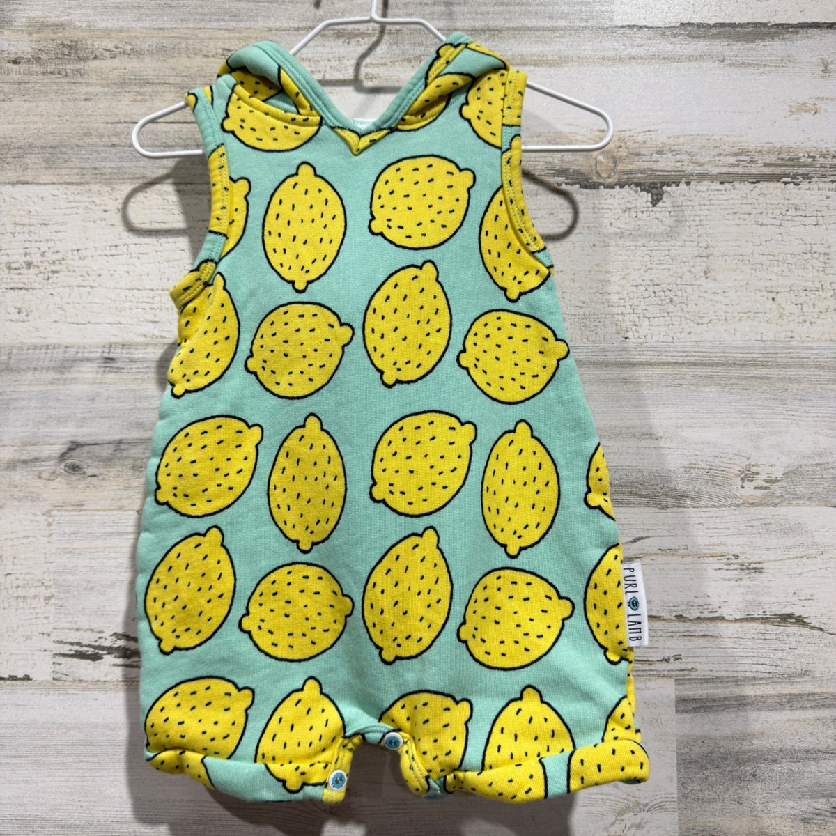 Purl Lamb Hooded Romper Kids 12/18M Mint Lemon Print Fruitcore EUC0