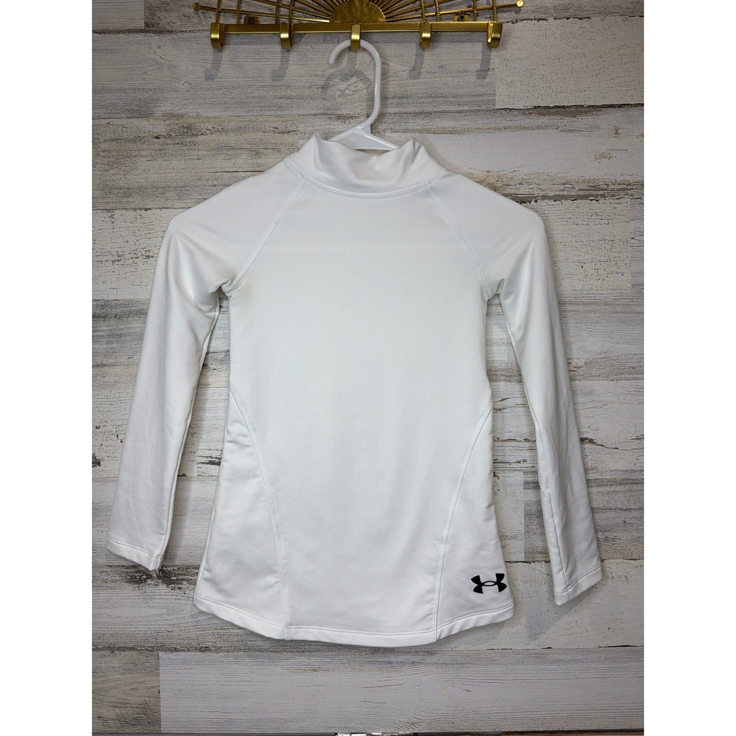 Under Armour ColdGear Shirt Boys Small White Mock Neck Fitted Athletic EUC0