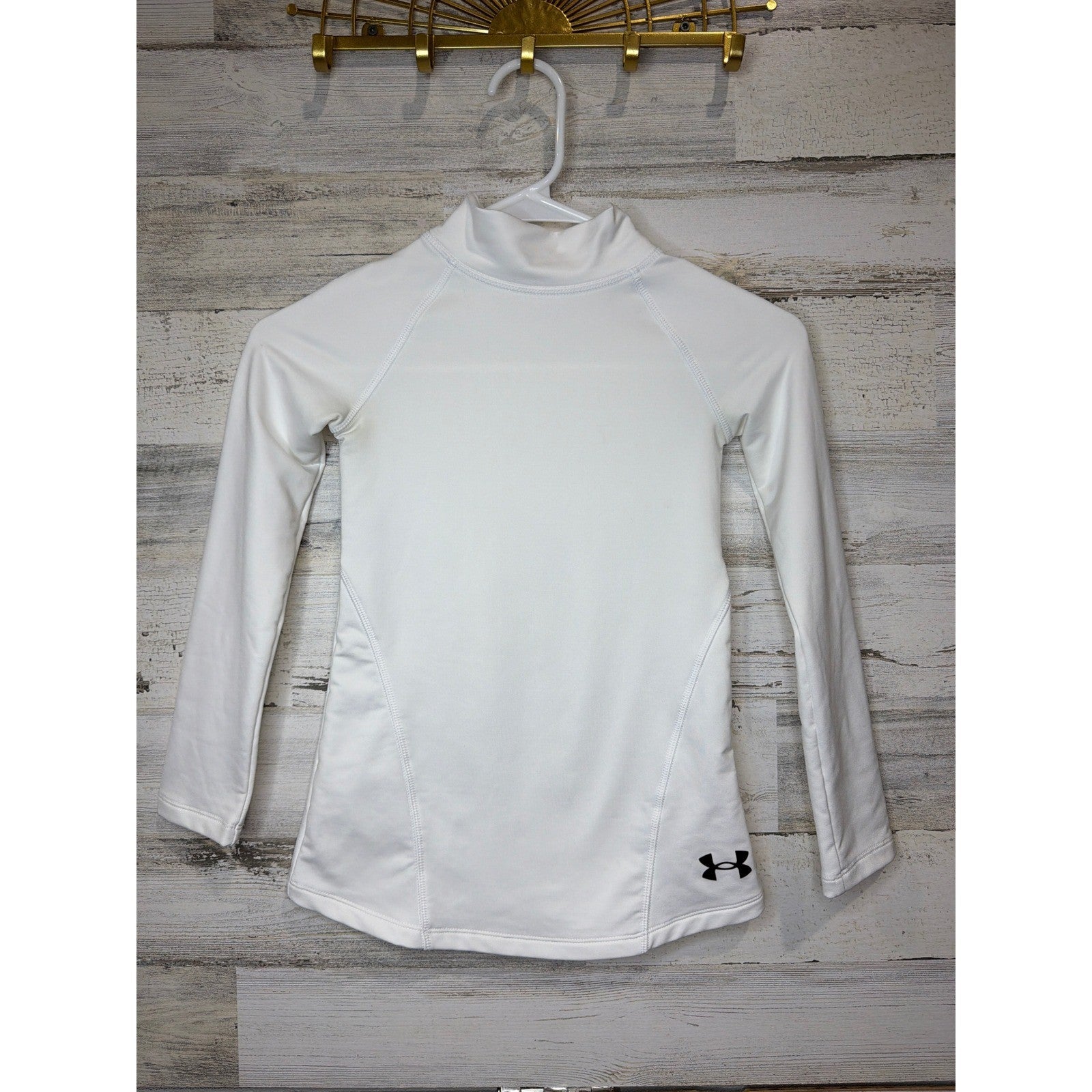 Under Armour ColdGear Shirt Boys Small White Mock Neck Fitted Athletic EUC0
