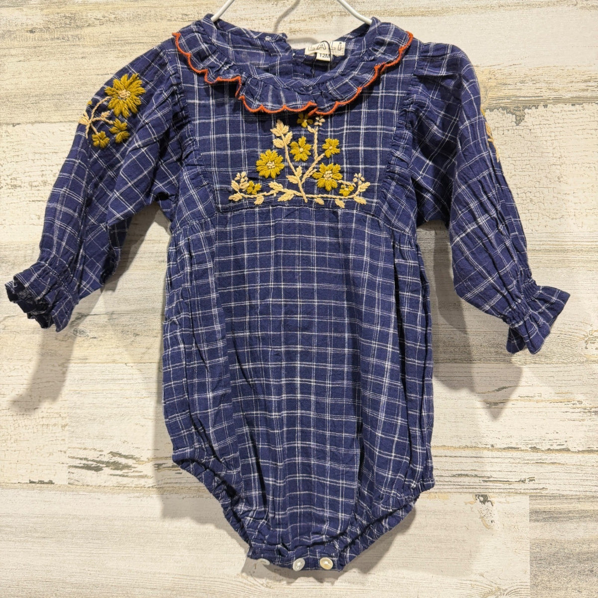 Lali Embroidered Bubble Romper Girls 24M Blue Plaid Floral NWT *Flawed0