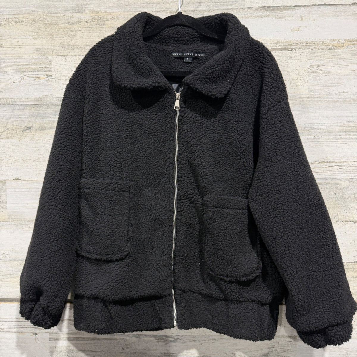 Hyfve Sherpa Bomber Jacket Women Small Black Polyester Trendy Casual EUC0
