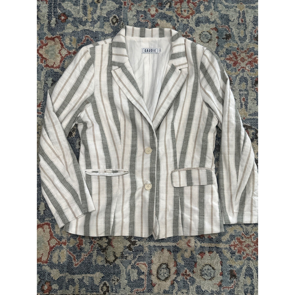 Gaudie Striped Blazer Women Large White Grey Tan Coastal Interview Two Button0