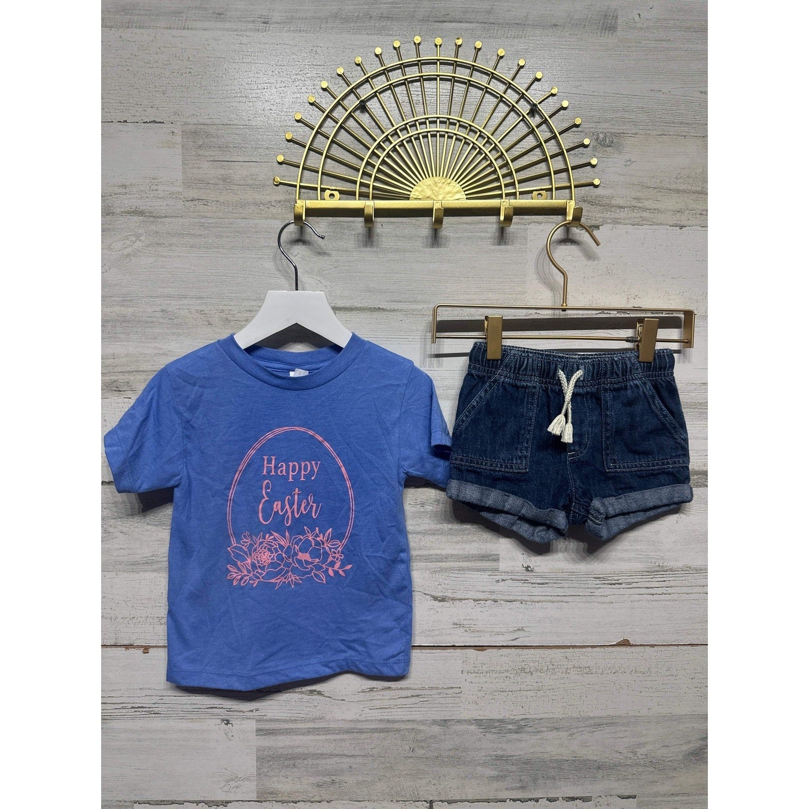 Bella Canvas Cat & Jack Shirt Shorts Set Girls 2T Blue Denim Easter EUC0