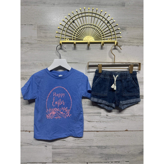 Bella Canvas Cat & Jack Shirt Shorts Set Girls 2T Blue Denim Easter EUC0