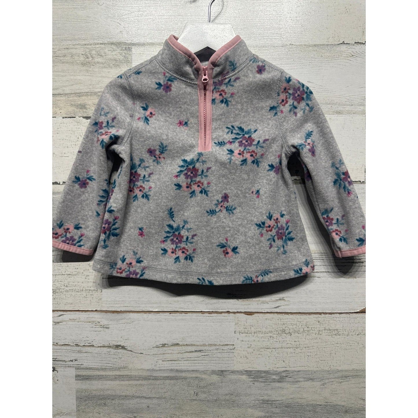 OshKosh Fleece Pullover Girls 12M Gray Floral Quarter Zip EUC0