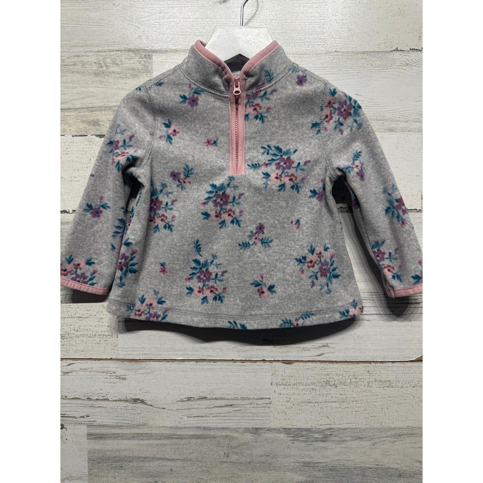 OshKosh Fleece Pullover Girls 12M Gray Floral Quarter Zip EUC0
