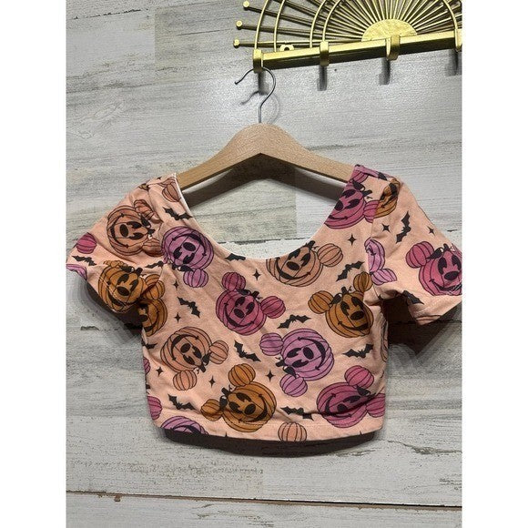 Happy Harlow Halloween Skirt Set Girls 8 Peach Mickey Pumpkin Bats EUC2
