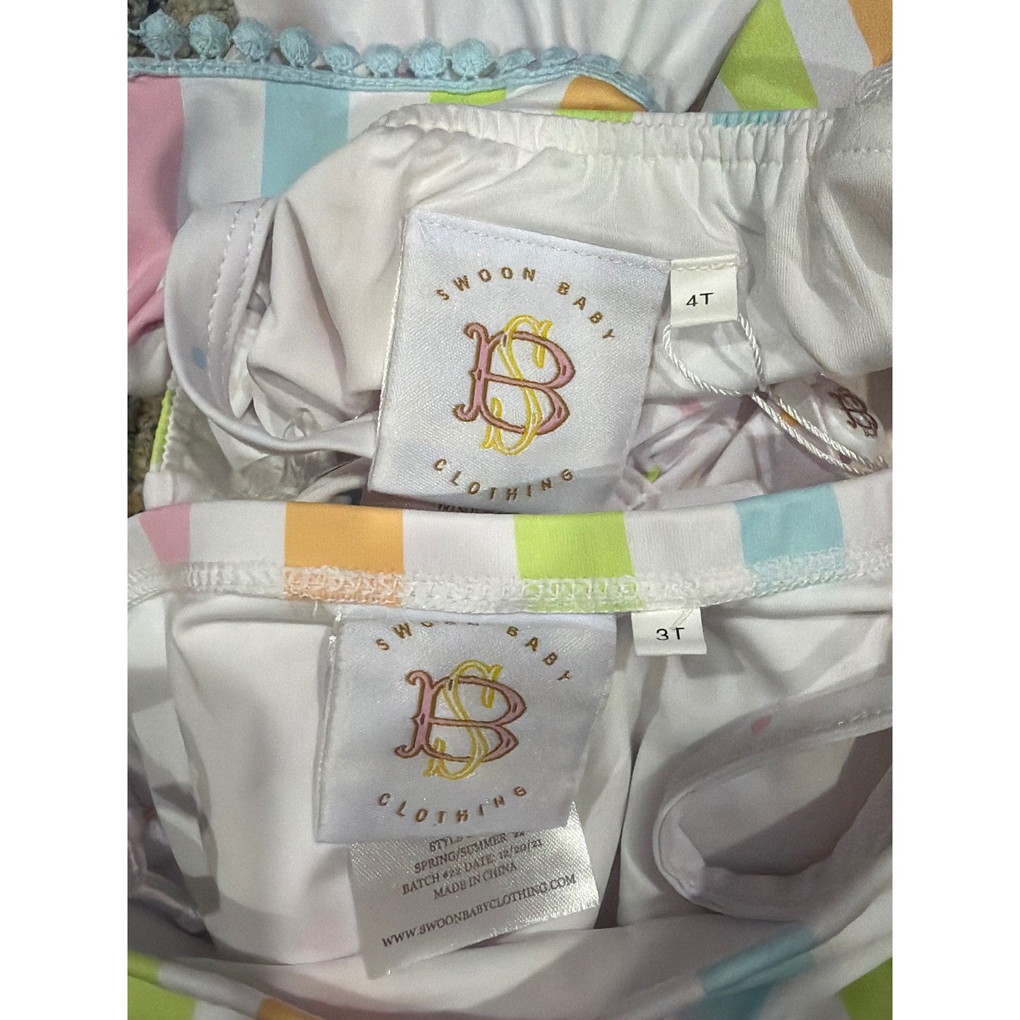 Swoon Baby Swimsuit Girls 3T 4 Multicolor Striped Ruffle Pom Pom Tankini Set NEW4