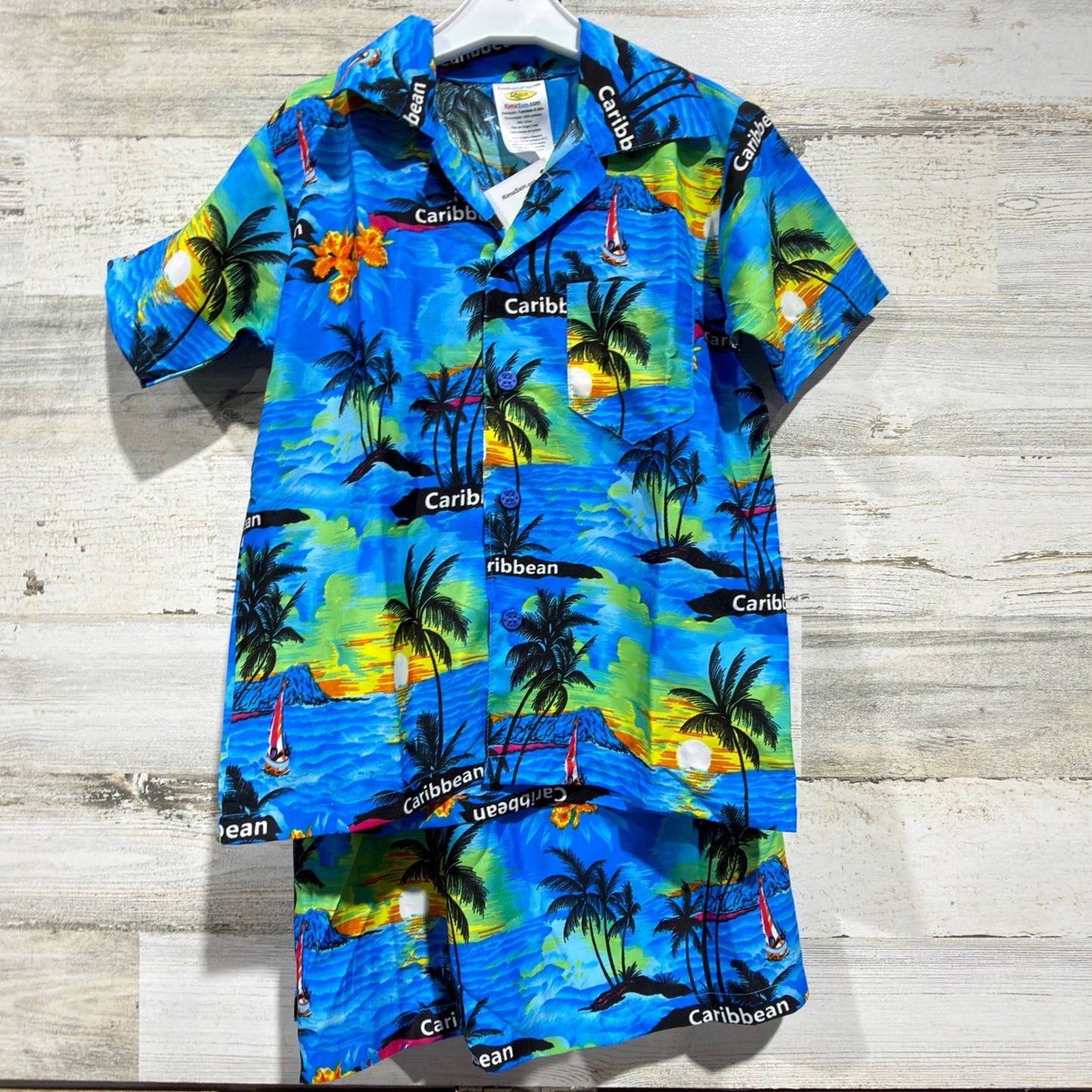 Rima Shirt Shorts Set Boys Small Blue Tropical Caribbean Beach Vacation NWT0
