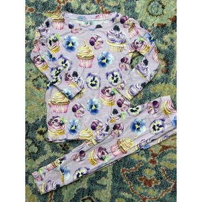 Lev Baby Pajama Set Baby Girl 6-12M Purple Cupcake Floral Bamboo EUC0