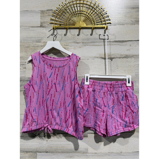 BCG Shorts Set Girls M/L Pink Tie Dye Sleeveless Activewear Athleisure EUC0