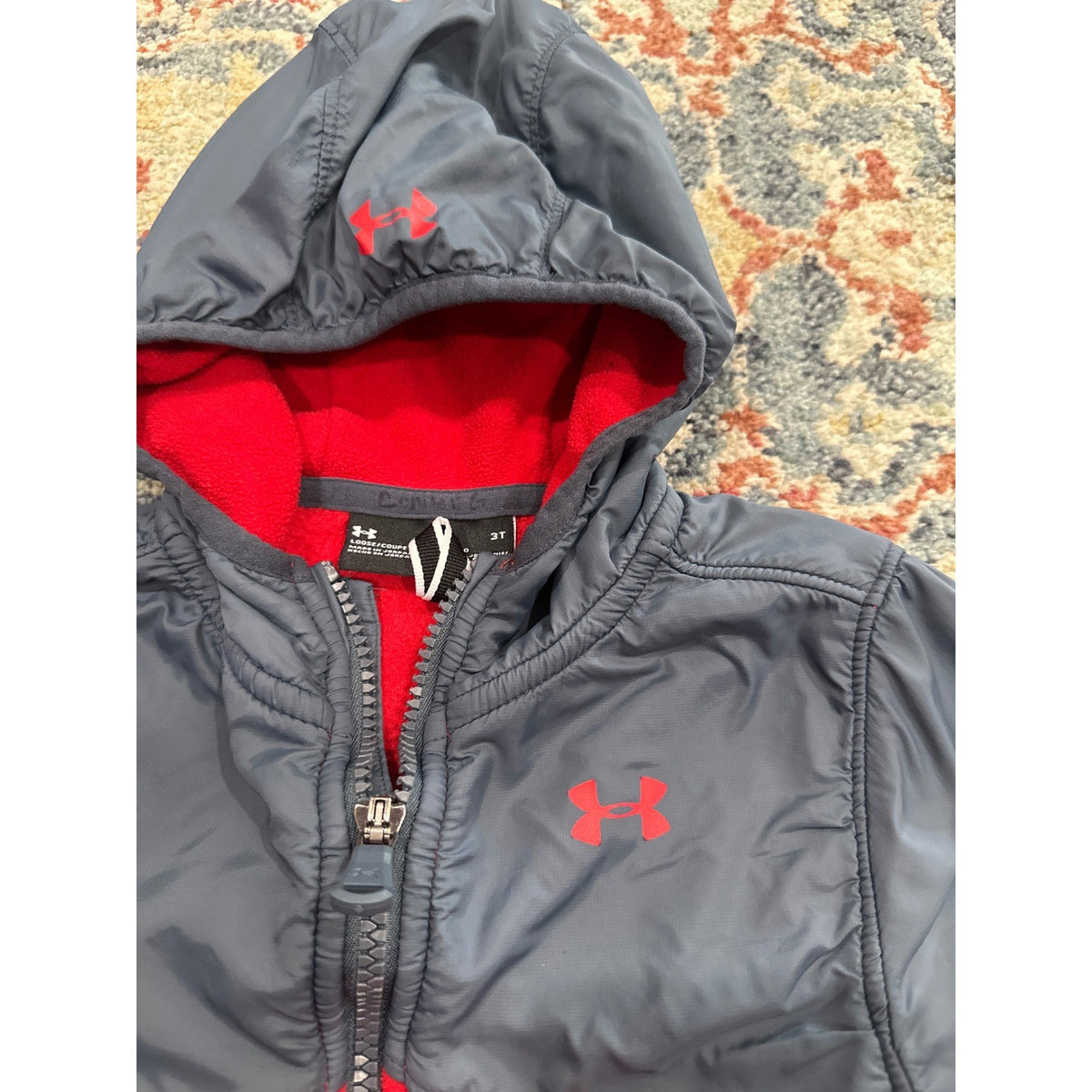 Under Armour Hooded Fleece Jacket Toddler 3T Red Grey Colorblock *Flawed1