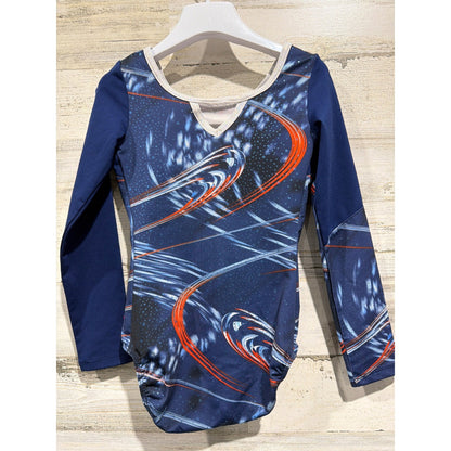 Capezio Future Star Leotard Girls Small Blue Galaxy Print Long Sleeve EUC4