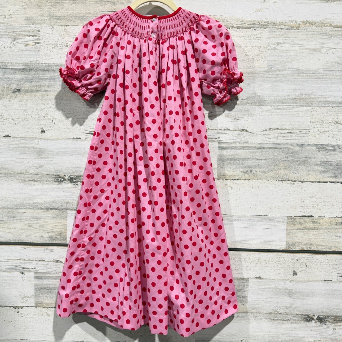 Southern Sunshine Smocked Dress Girls 7 Pink Santa Polka Dot Holiday EUC5