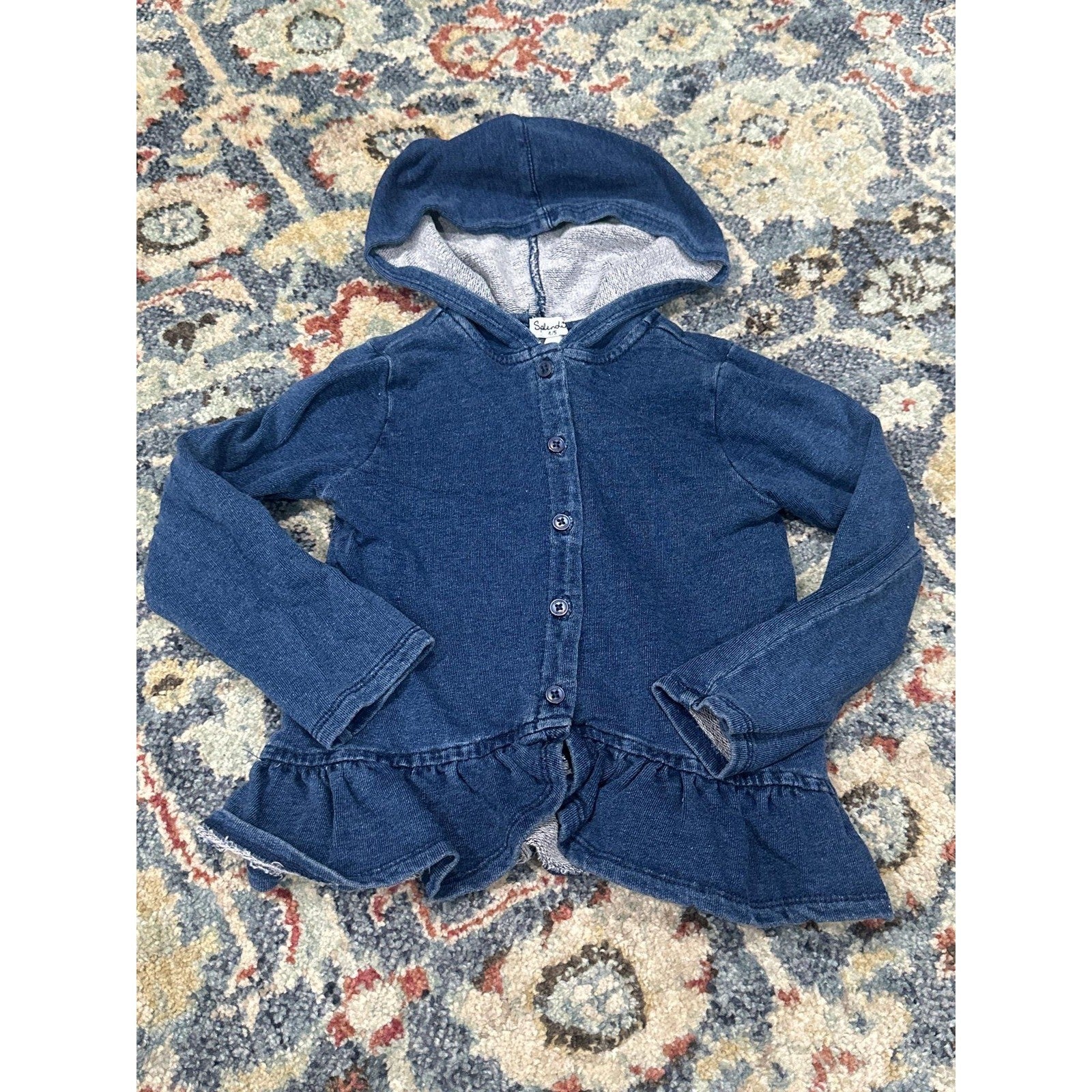 Splendid Hooded Ruffle Jacket Girls 4/5 Blue Button Up Peplum EUC0
