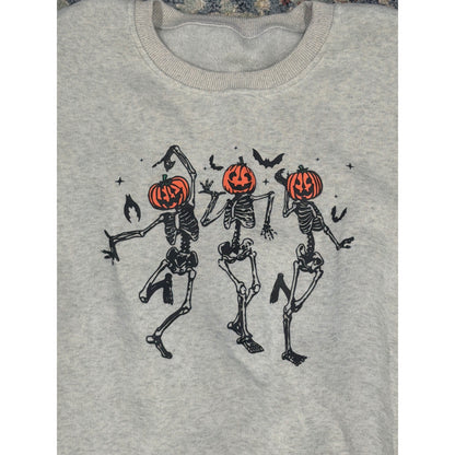 Pumpkin Sweatshirt Women XL Gray Skeleton Dancing Spooky Core Fall Halloween1