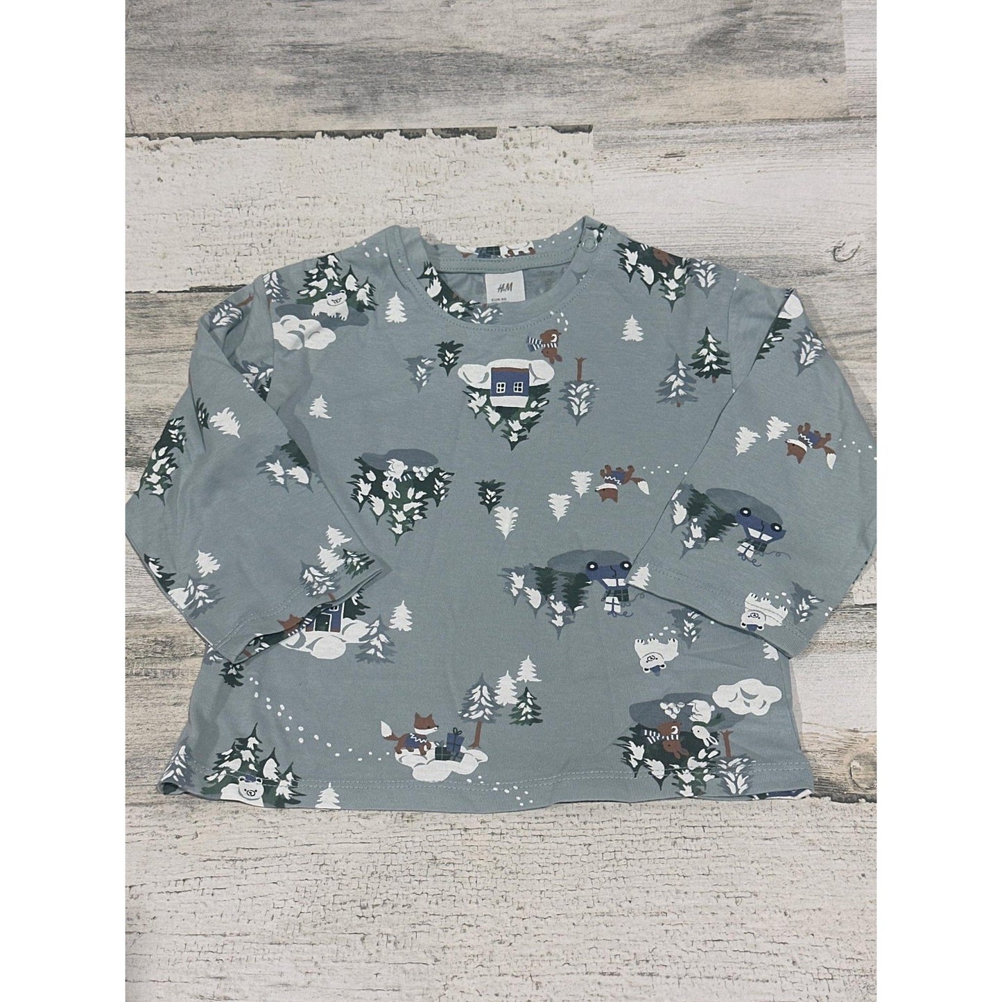 H&M Long Sleeve Tee Boys 12M Blue Winter Forest Animal Print NWOT0