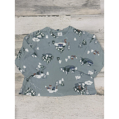 H&M Long Sleeve Tee Boys 12M Blue Winter Forest Animal Print NWOT0
