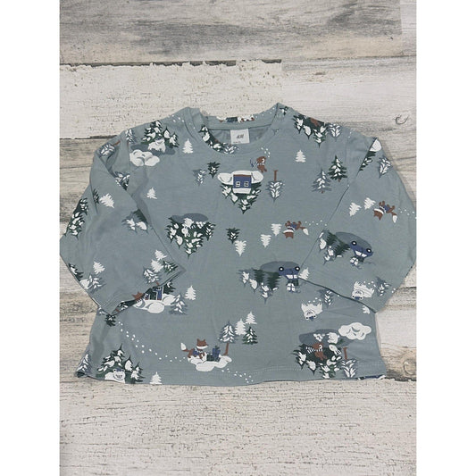H&M Long Sleeve Tee Boys 12M Blue Winter Forest Animal Print NWOT0
