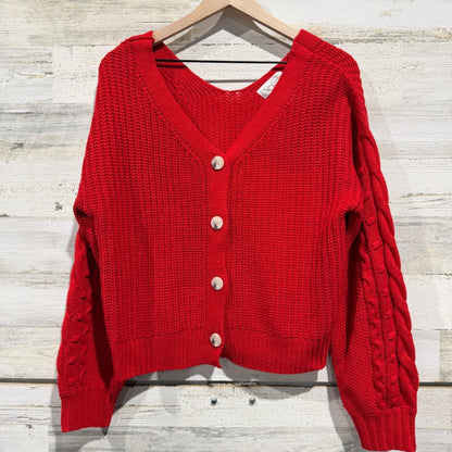 Jessica Simpson Cable Sleeve Cardigan Women XL Red Chunky Knit Preppy EUC0