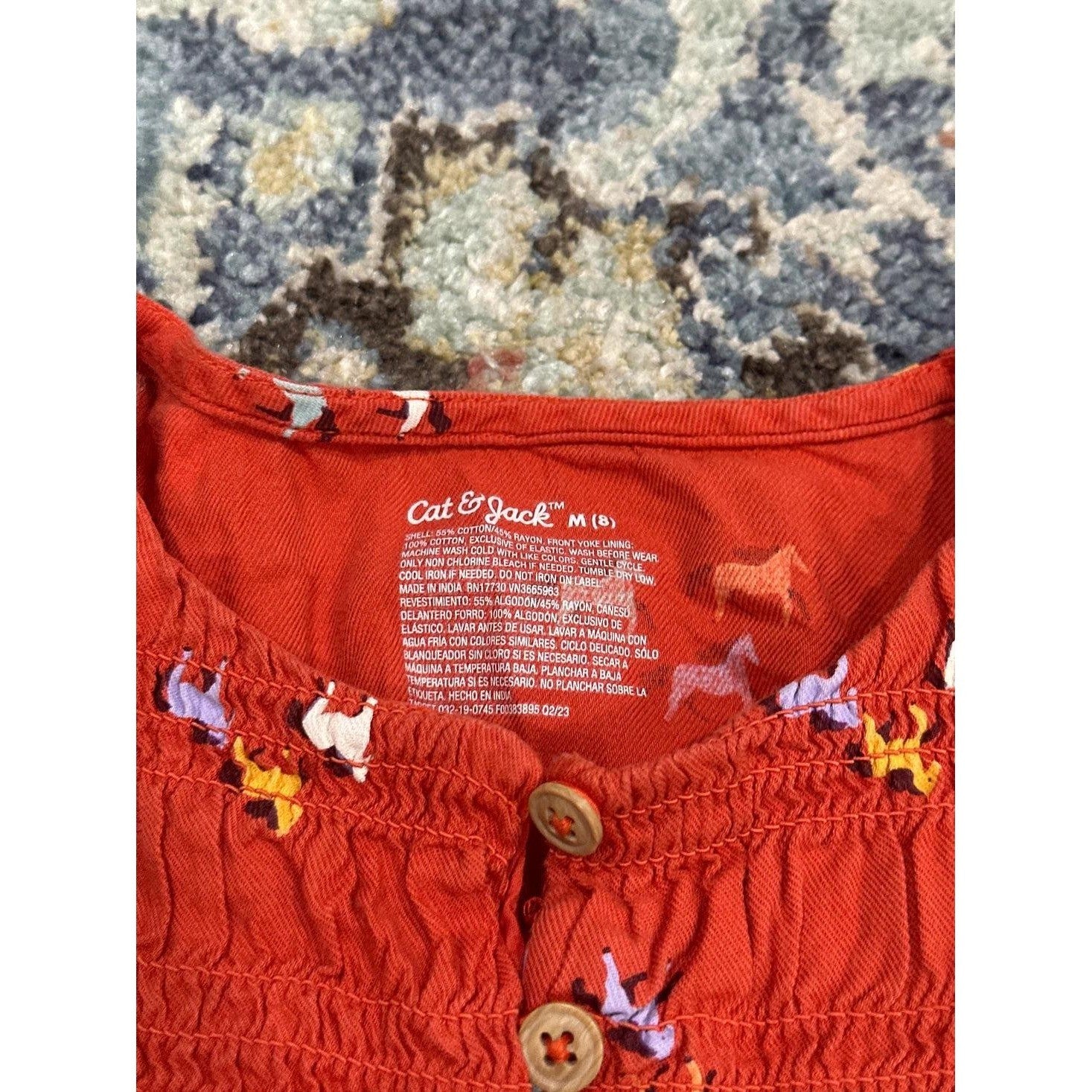 Cat & Jack Horse Print Dress Girls 8 Orange Smocked Puff Sleeve EUC2