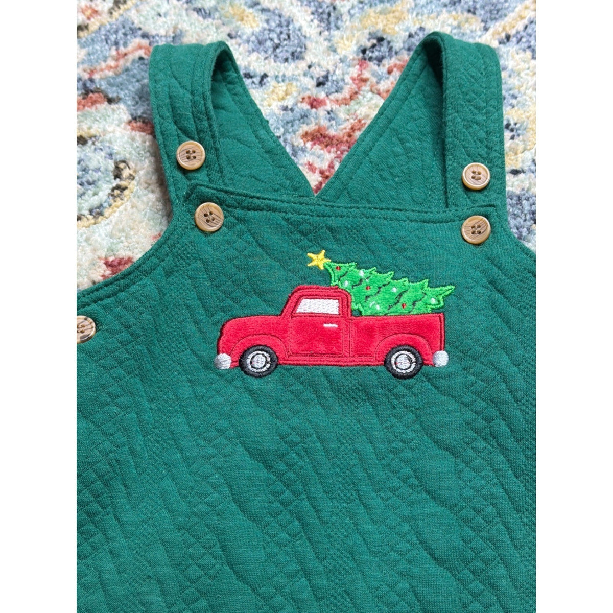 Baby Starters Quilted Overalls Boys 9M Green Red Truck Christmas Holiday EUC1