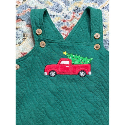 Baby Starters Quilted Overalls Boys 9M Green Red Truck Christmas Holiday EUC1