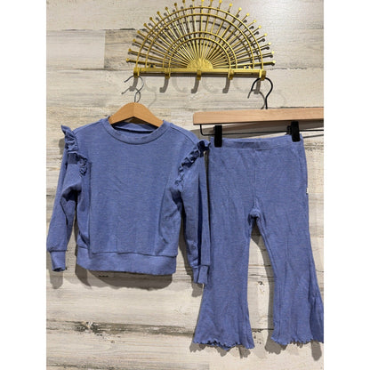 Little Sleepies Set Girls 2T Blue Waffle Knit Ruffle Flare EUC0