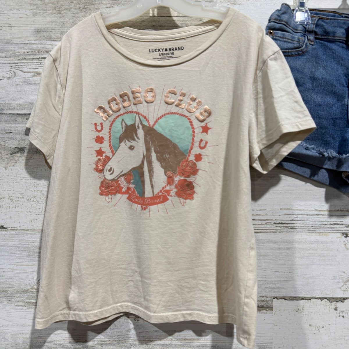 Lucky Brand Shirt Shorts Set Girls 12 Blue Cream Horse Rodeo Club Western EUC1