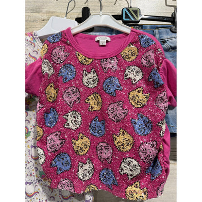 Mila & Rose Flapdoodles Girls 5T Pink Blue Sequin Cat Shirt Denim Shorts Bundle1
