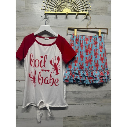 Short Set Girls 8-9 Blue Red Boil Babe Lobster Ruffle EUC0