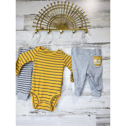 Carter's 4pc Outfit Set Boys 3 Months Gray Yellow Striped Nautical Coastal EUC2