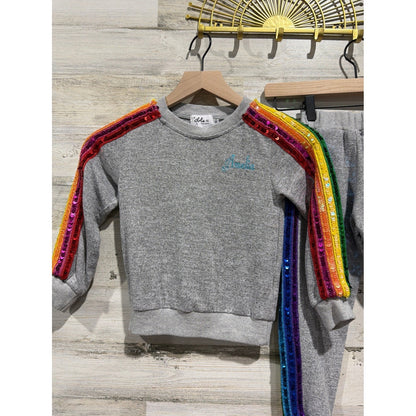 Lola and the Boys "Amelia" Tracksuit Set Girls 4 Gray Rainbow Sequin Glam EUC1