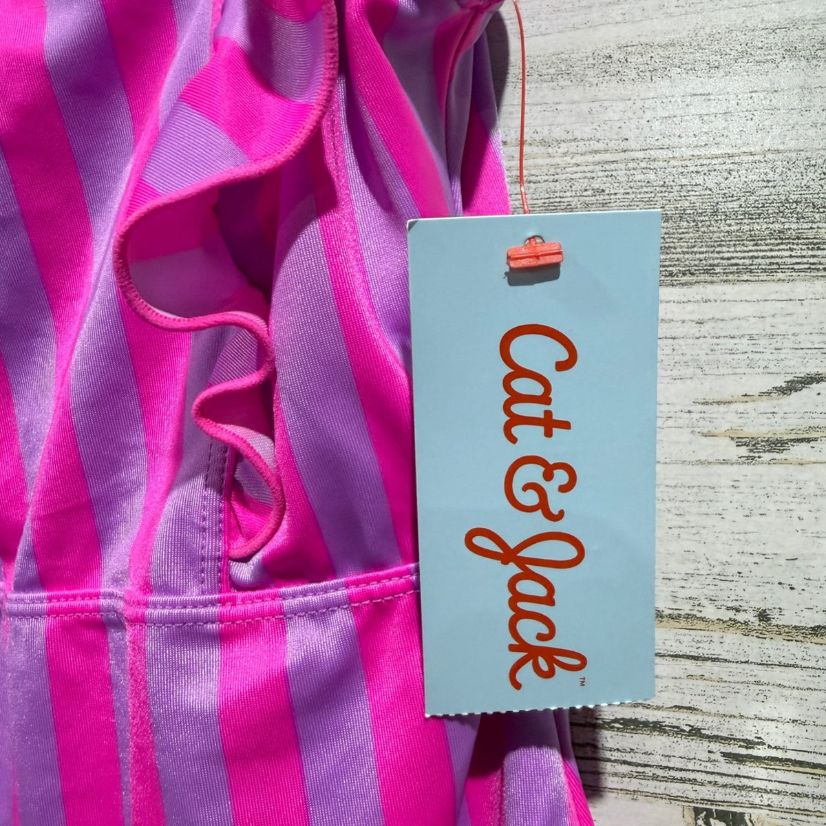 Cat & Jack Striped Ruffle One Piece Swimsuit Girls L 10/12 Pink Purple NWT1