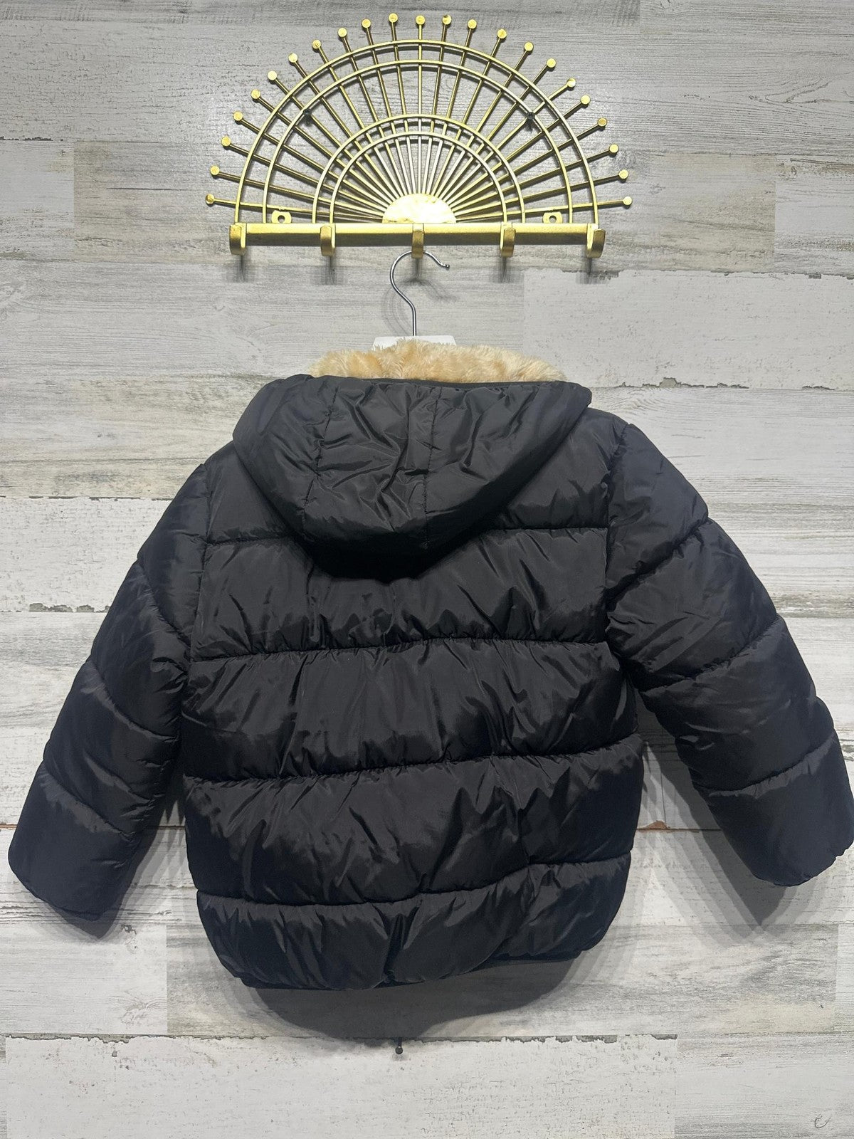 Puffer Jacket Kids 5-6 / 120 Black Faux Fur Lined Hooded Quilted EUC3