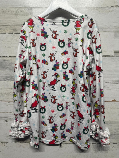 Boutique Grinch Long Sleeve Top Girls 10/12 White Christmas Ruffle EUC3