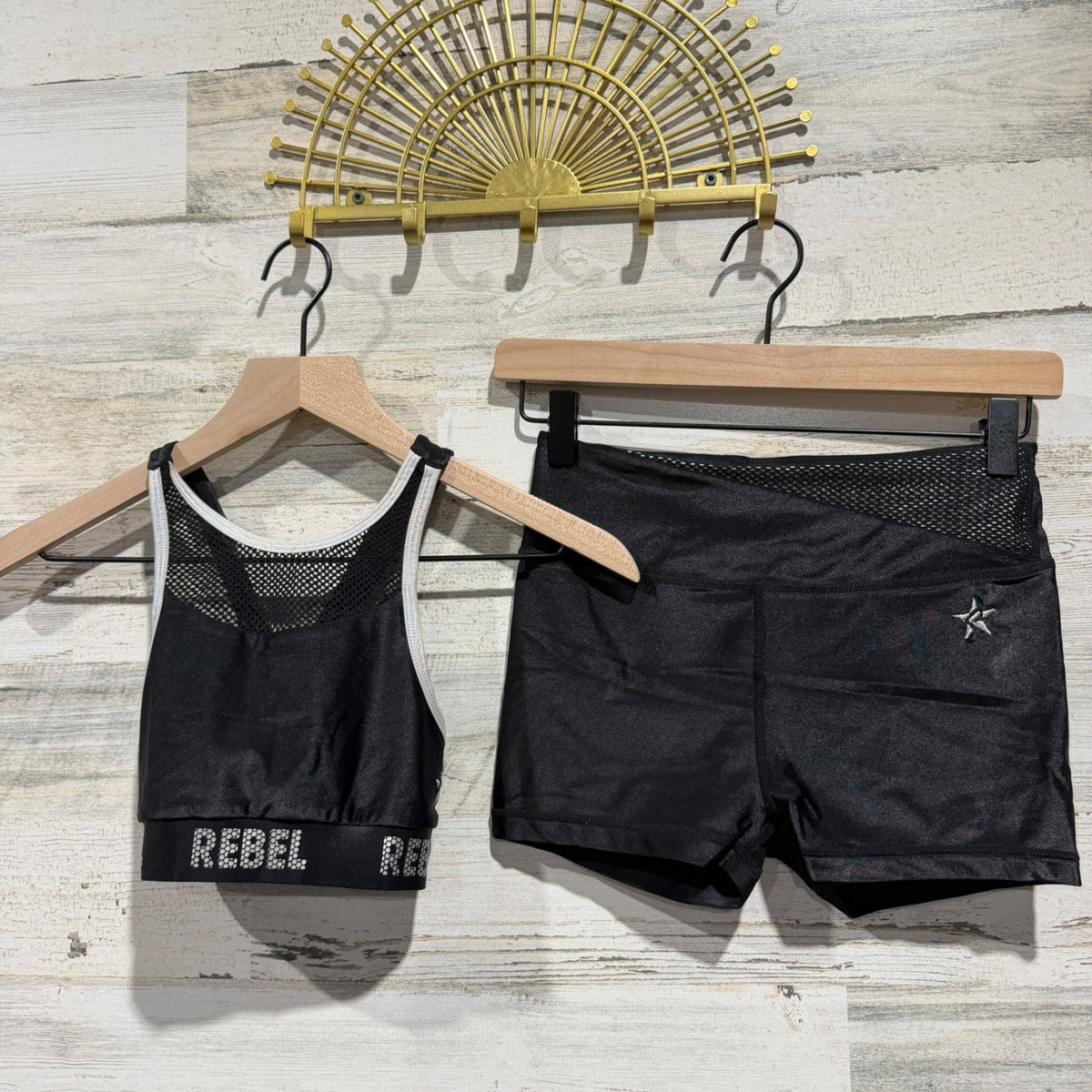 Rebel Athletic Cheer Dance Set Girls Youth Large Black Shimmer Mesh Performance0