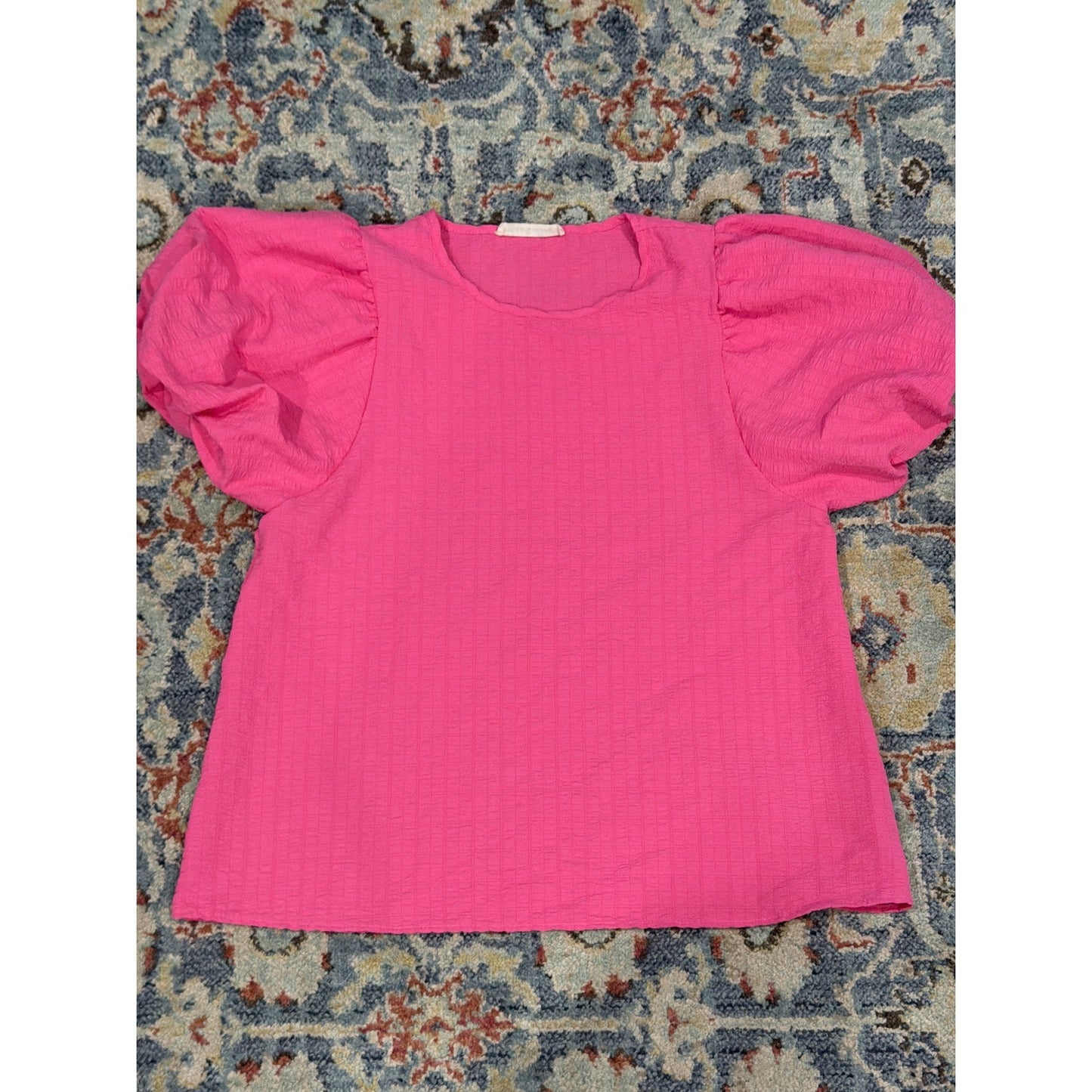 Vine and Love Puff Sleeve Top Women XL Pink Textured Seersucker Barbiecore EUC0