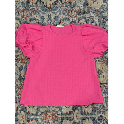 Vine and Love Puff Sleeve Top Women XL Pink Textured Seersucker Barbiecore EUC0