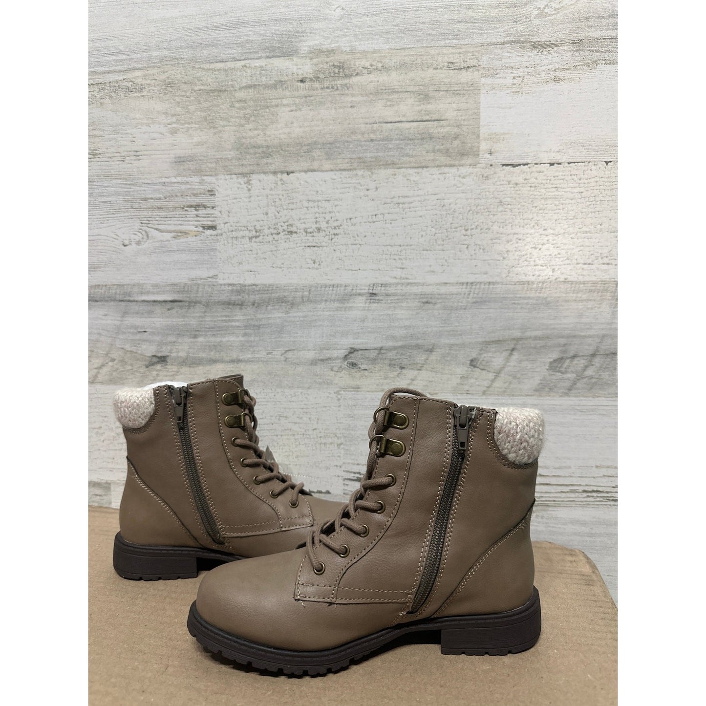 MIA Combat Boots Kids Size 3 Taupe Brown Knit Cuff Side Zip NWT2