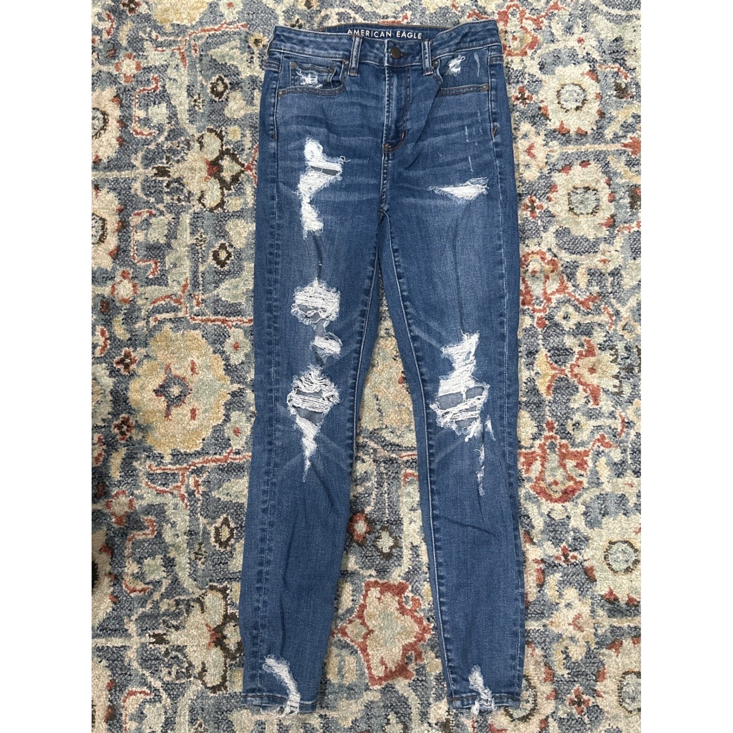 American Eagle Super Hi-Rise Jegging Women 4 Short Blue Distressed Jeans1