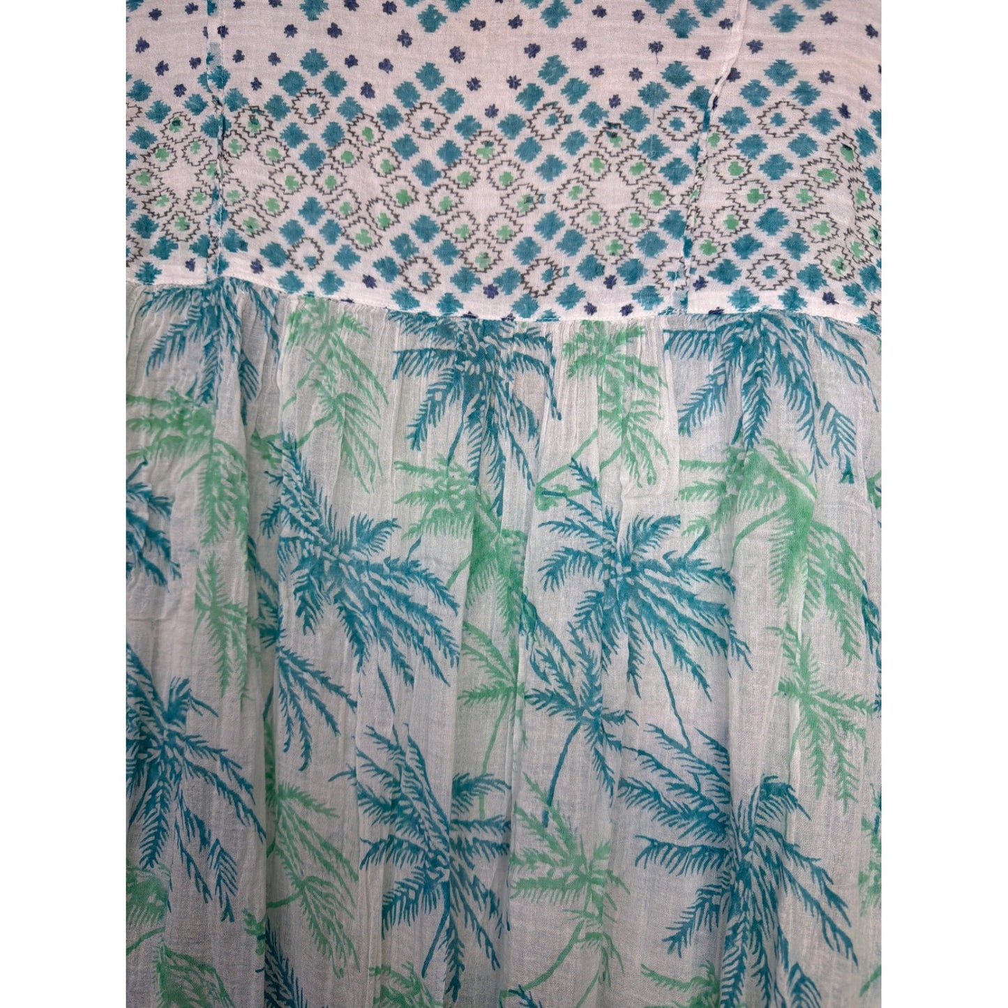 Roller Rabbit Tunic Cover Up Women Large White Blue Palm Tree Boho Fringe EUC4